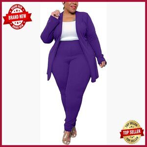 Plus Size Two Piece Suit Set Open Front Blazer High Waisted Pants Business